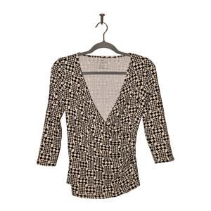 TALBOTS $70 Houndstooth Surplice Neck 3/4 Sleeve Top Black/Ivory PS‎